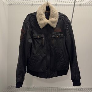 Danier Black Leather Bomber Jacket with Cream Sheep Collar